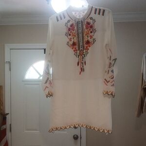 Embroidered Ivory Tunic Dress with Multicolor Floral Motif
